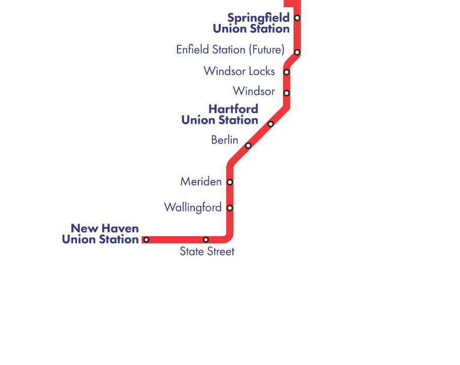 Simple map of Hartford rail line through Connecticut cities